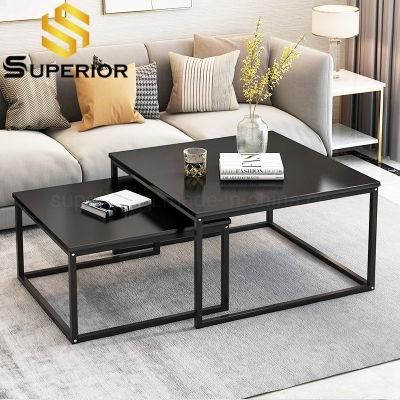 High Gloss Square Black Metal Marble Nesting Coffee Table