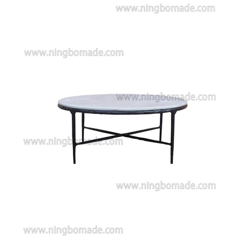 Thaddeus Sculptural Forged Collection White Cloud Marble Top Antique Black Solid Metal Base Round Coffee Table