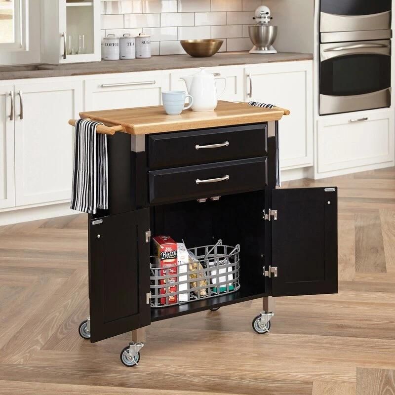 American Home Styles High Quality UV Painting 2-Drawer Rolling Kitchen Cart with Rubber Wood Top