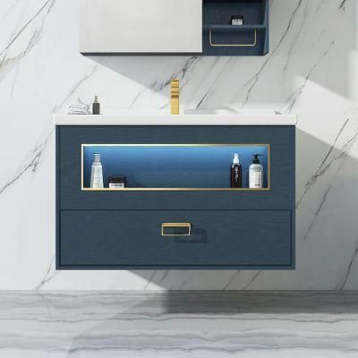 28&quot; Melamine Board Bathroom Cabinet Blue Floating Bathroom Vanity Rock Plate Ceramic Drop-in Sink with Cabinet &amp; Drawer