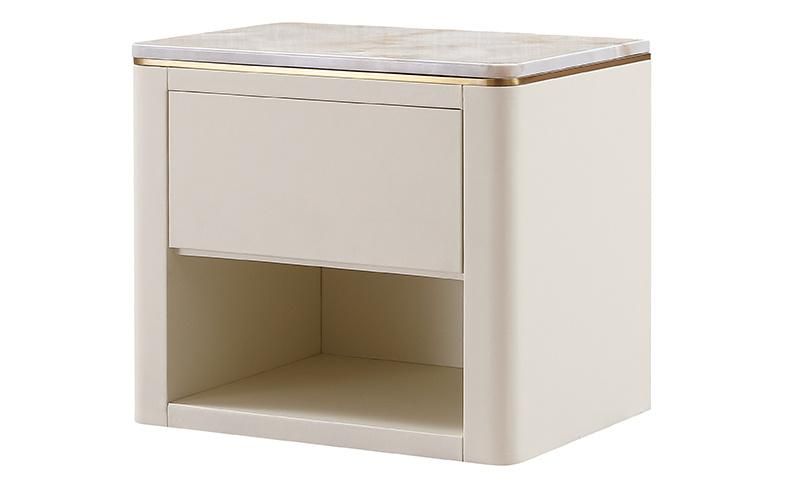 Luxury Home Furniture Modern Hotel Bedroom Bedside Table Villa Leather Upholstered Gold Stainless Steel Leg Square Nightstand Cabinet for Apartment Project