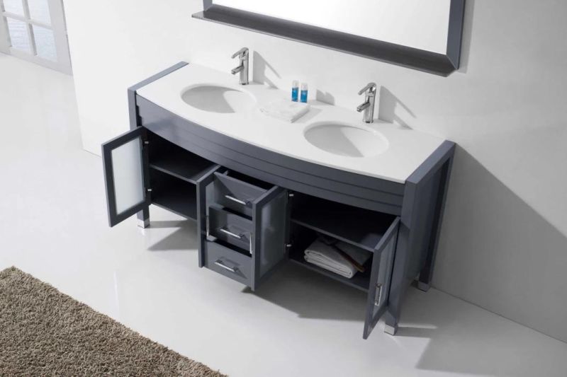 New Grey Double Sink Floor Type Solid Wood Bathroom Cabinet