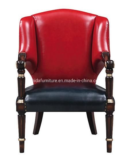 Genuine Leather Red Black Wooden Carved Armrest Chair