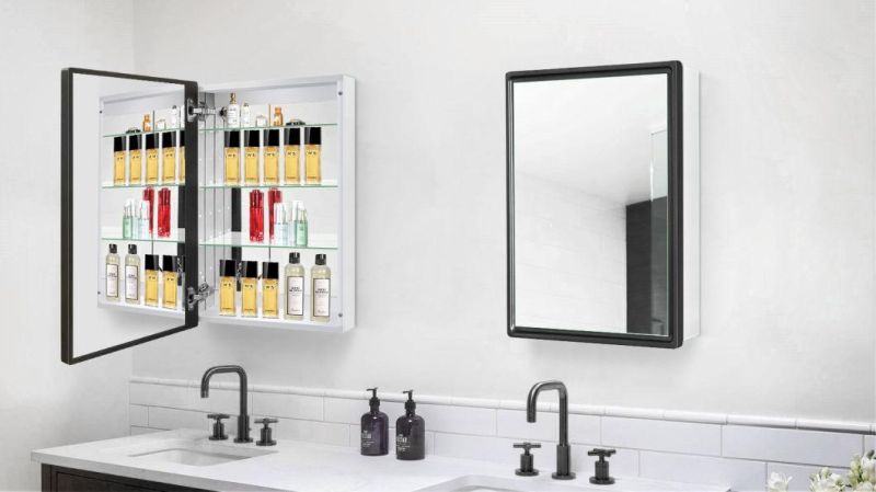 Black Wood Framed Wall Aluminum Alloy Waterproof Medicine Cabinet Northern Europe Storage Hanging Cabinet with Single Door Bathroom Mirror Cabinet for Toilet Ki