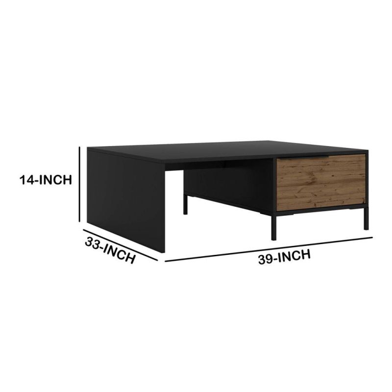 Metal Rectangular Accent Coffee Table with Drawers, Brown and Black