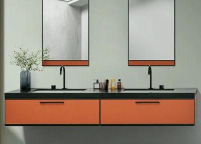 63&quot; Floating Bathroom Vanity Black Top Double Sink with 2 Drawers in Black &amp; Apricot