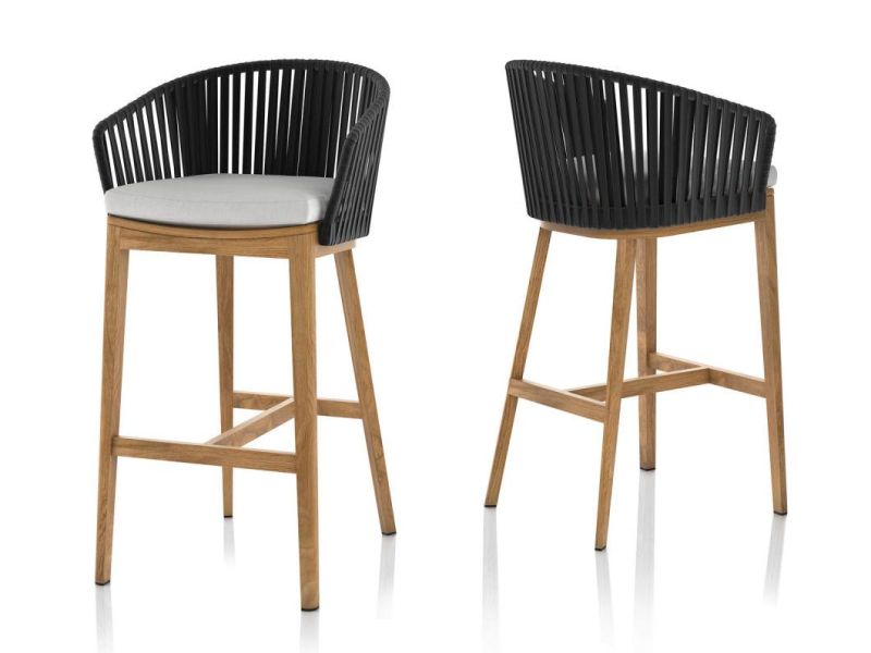 Tall Teak Wood Bar Stool with Black Rope Weaving Back