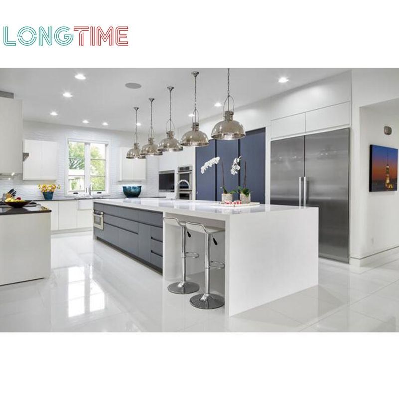 White Lacquer Kitchen Cabinet with Large Island and Tall Unit Run