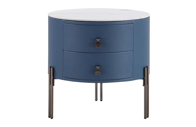 Contemporary Popular Design Italian Modern Design Luxury Bedroom Bedside Table Round Metal Leg Fabric Upholstered Drawer Nightstand Side Table