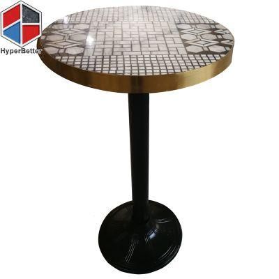 Wholessale Round Marble Mosaic Bistro Table for Bar Golden Edge Black Wrought Iron Base
