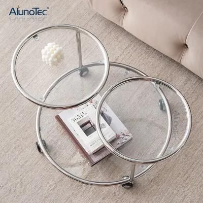 Best Price Tempered Glass Round Table Moving with Wheels