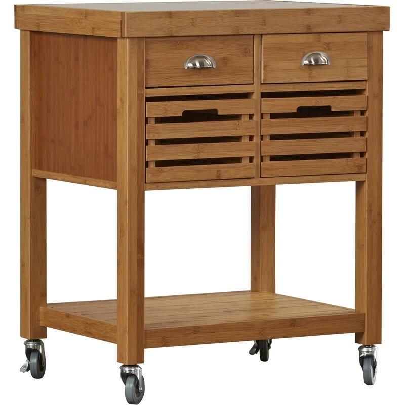 American Home Styles Antique Solid Wood Bamboo 2-Drawer Wood Kitchen Cart with Stainless Steel Top