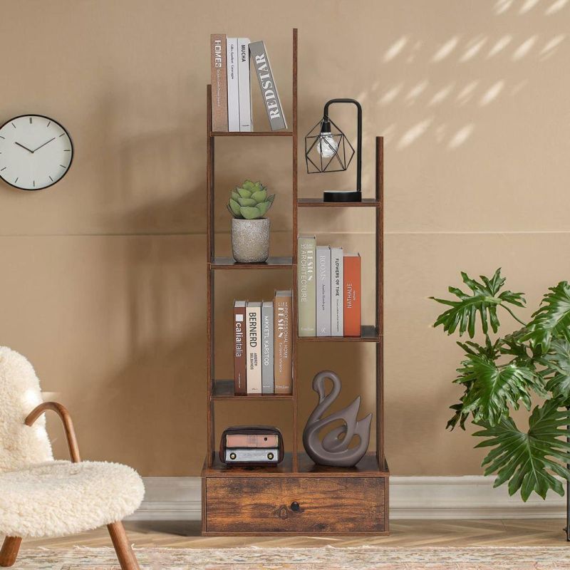 Bookcase with 1 Large Drawer, Tree-Shaped Bookshelf with 7 Storage Shelves, Open Standing Ladder Shelf, Bookshelf for Bedroom, Living Room, Office, Rustic Brown