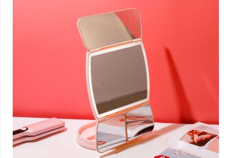 Desktop Vanity Mirror Beauty Makeup Desktop Smart 3 Folding Portable Shell Mirror with Light Filling Mirror LED Light Makeup Mirror