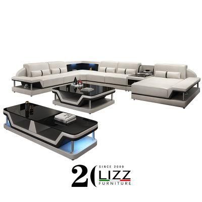 Living Room Genuine Leather Modern Home Furniture Sofa Set with LED Light