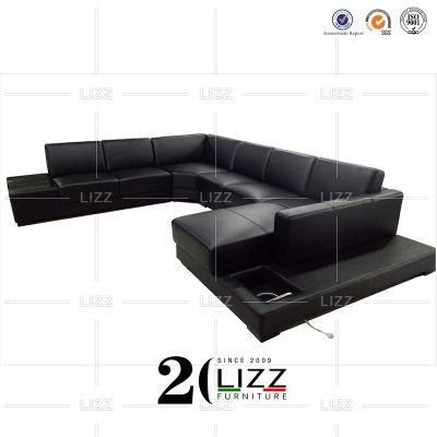 Fashionable Modern Style Sectional Leisure U Shape Italian Real Leather Corner Sofa with LED Light