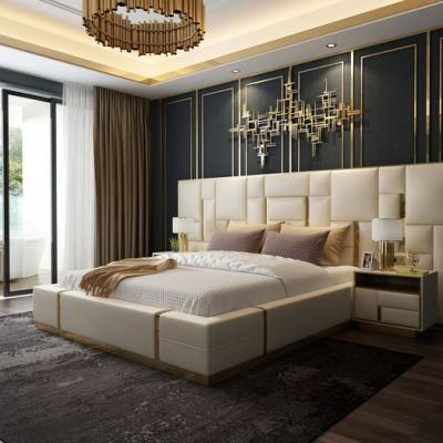 Modern Luxury Extra Width Headboard Leather Metal King Size Bed Bedroom Furniture Sets