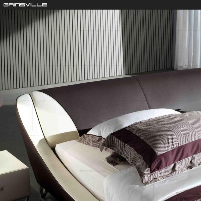 Cream Brown Color Wooden Furniture Bedroom Furniture Set PU Leather Upholstered King Bed