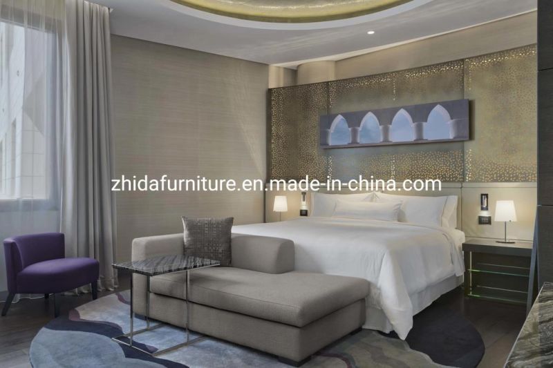 Zhida Wholesale 5 Star Commercial Vacation Hotel Furniture Master Bedroom King Queen Side Fabric Bed with End Chaise