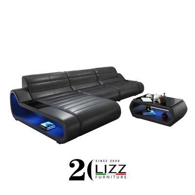 Latest LED Design Living Room Furniture Leather Sectional Corner Sofa with Coffee Table