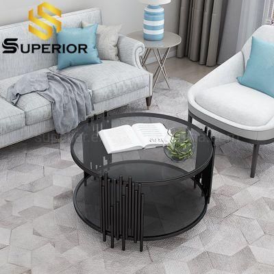 New Round Shaped Glass Top Black Metal Coffee Table
