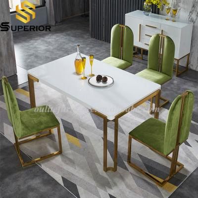 Luxury Gold Metal Legs Green Velvet Dining Chairs with Table Sets