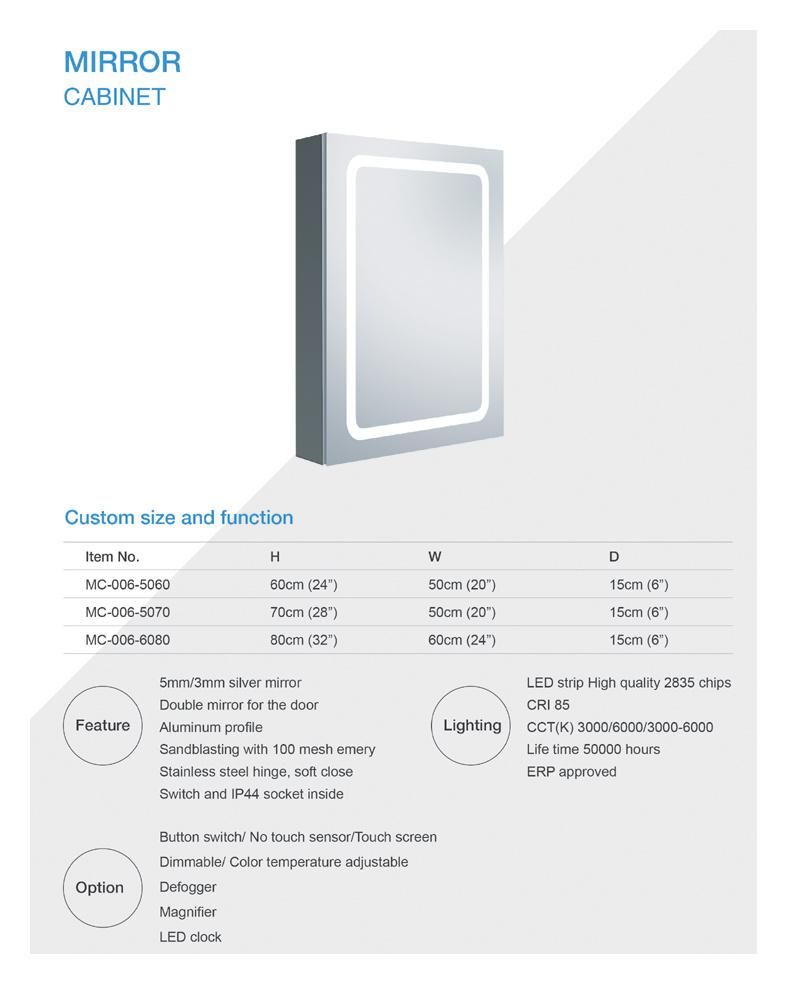 Single Door Mc006 Aluminum Medicine Cabinet with Mirror Bathroom Lighted Mirror Cabinet with Adjustable Glass Shelves Recessed or Surface Mounting