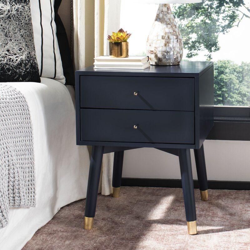 Mirrored Furniture Navy/Gold Bedside Table Wooden 2 Drawer Nightstand End Table Bedroom Furniture