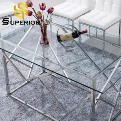European Cheap Transparent Glass Dining Table Set with Metal Stand