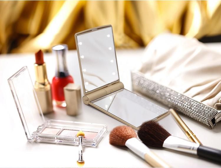 Professional Makeup Hand Mirror with LED Lights Compact Cosmetic Folding Portable Mirror