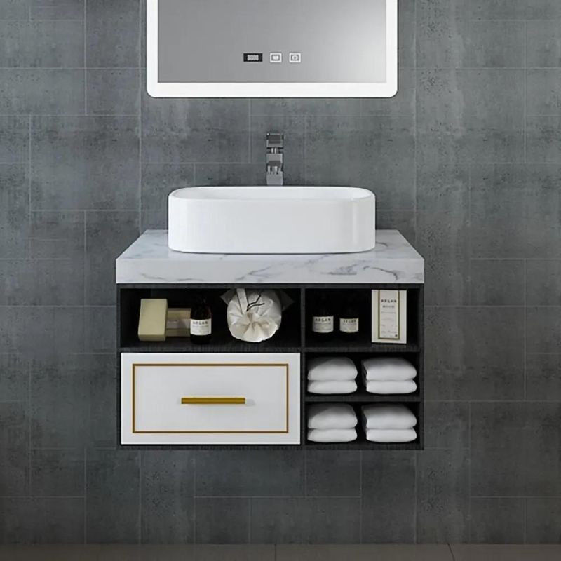 63" Floating Bathroom Vanity Black Top Double Sink with 2 Drawers in Black & Apricot