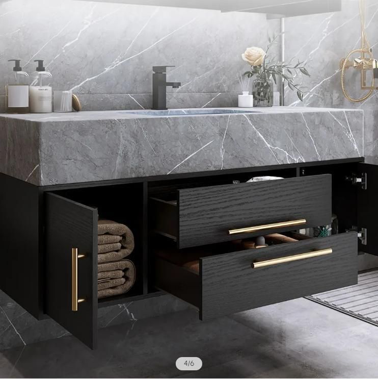 Modern 39" Floating Black Bathroom Vanity Stone Top Wall Mounted Bathroom Cabinet