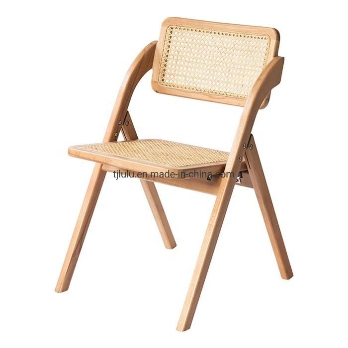 Nordic Furniture Wooden Rattan Folding Dining Chair Natural Rattan Seat