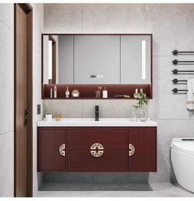 Classic Red Color Wall Mounted Double Sink Ceramic Wash Basin Sink Bathroom Furniture LED Mirror Cabinet Wood Vanity Cabinet with Ceramic Sink