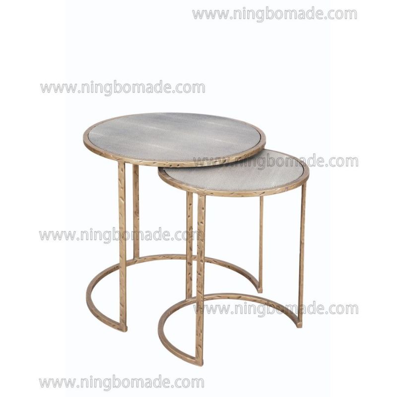 Modern New Design Hand Hammered Furniture Light Brass Forged Solid Iron Fog Luxurious Shagreen-Embossed Leather Nest Table