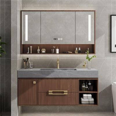 Retro Wall Mounted Double Sink Ceramic Wash Basin Sink Bathroom Furniture LED Mirror Cabinet Wood Vanity Cabinet with Ceramic Sink