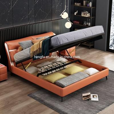 Modern Luxury Furniture Orange Leather Double Storage Bed