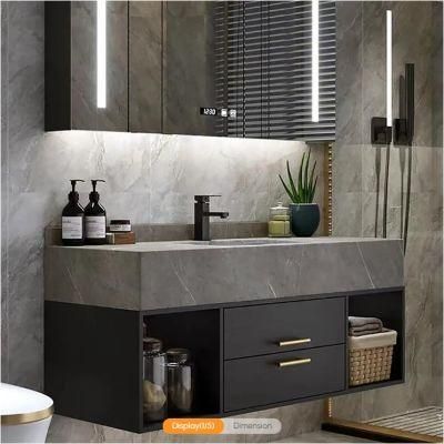 35&quot; Floating Black &amp; Gray Bathroom Vanity with Stone Vessel Sink with 2 Drawers