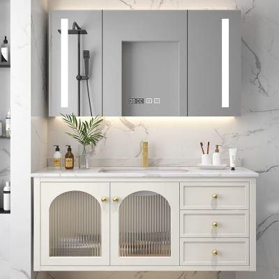 White Exquisite Exterior Design Wall Mounted Irregular Design Galss Door Bathroom Vanity Cabinet with LED Mirror