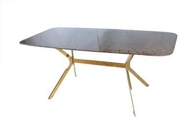Luxury Rectangular Golden Legs Glass Steel Stone Top Dining Room Glass Dining Table