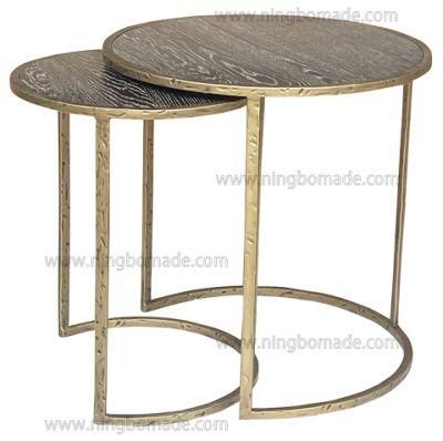 Upscale Hand Forged Furniture Light Brass Solid Iron Weather Brown Oak Venner Nest Table