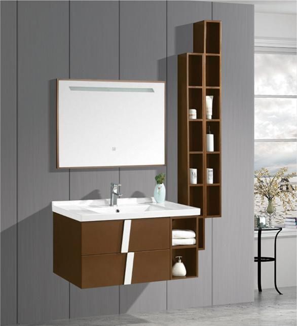 Hotel Style PVC Bathroom Cabinet with Ceramic Single Sink and Side Cabinet