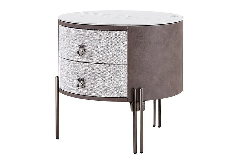 Contemporary Popular Design Italian Modern Design Luxury Bedroom Bedside Table Round Metal Leg Fabric Upholstered Drawer Nightstand Side Table