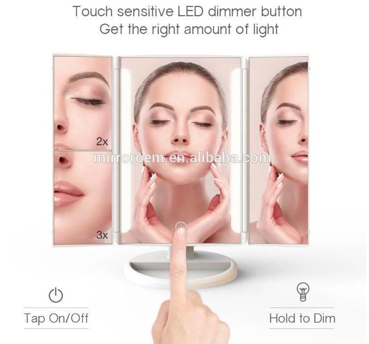 Top-Rank Selling Trifold LED Makeup Dimmable Brightness Wholesale Lighted Makeup Mirror 2X 3X Magnifying Mirror