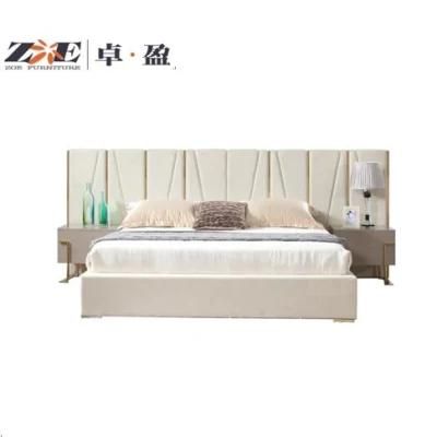 Modern Luxury Hotel Furniture Big Size Fabric Soft Bed Furniture with Golden Metal Decoration and Two Side Tables