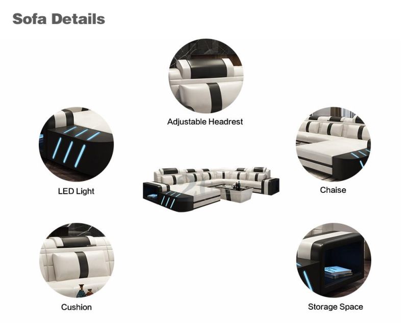 Modern Genuine or Imitation Leather Modern Home LED Sofa Sectional 2 Seater Living Room Furniture with Coffee Table
