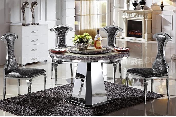 Modedrn Round Marble Dining Table Set Silver Stainless Steel Table