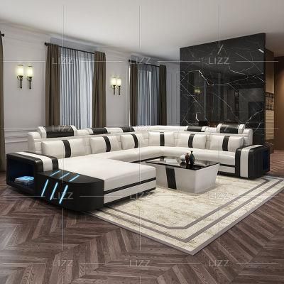 Fashion Modern Design Leisure Home Furniture Sectional Italian Genuine Leather Sofa with LED Light