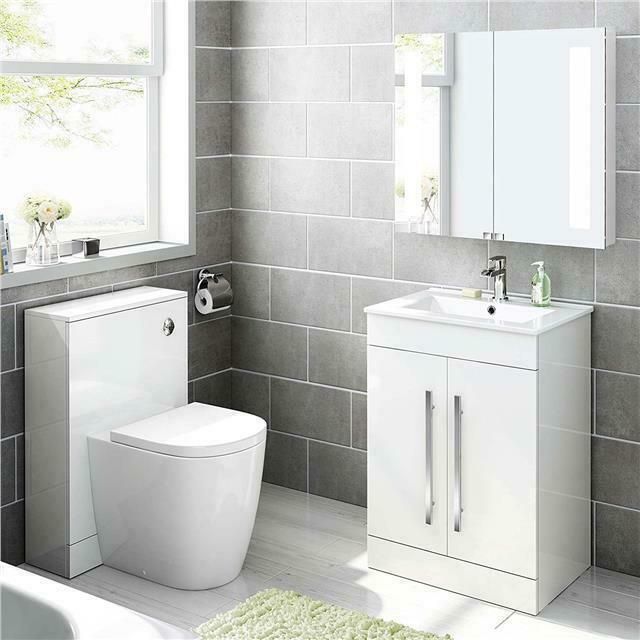 600 mm White Gloss Vanity Sink Unit Ceramic Basin Bathroom Storage Furniture