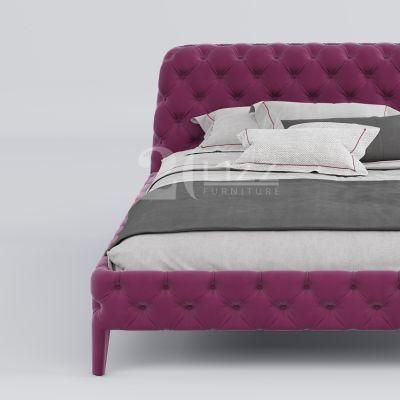 Classical Modern King Size Bedroom Home Furniture European Rose Red Fabric Bed with Beddings
